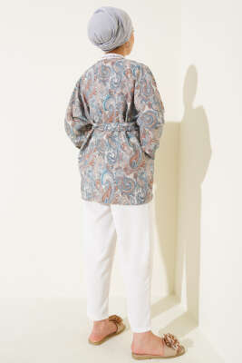 Desenli Kuşaklı Kimono Gri - Dış Giyim&Mont