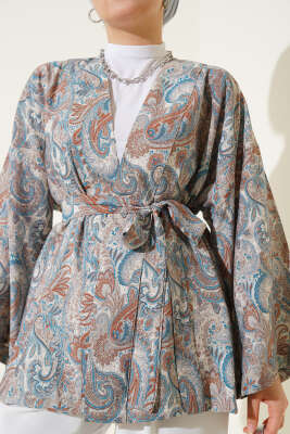 Desenli Kuşaklı Kimono Gri - Dış Giyim&Mont
