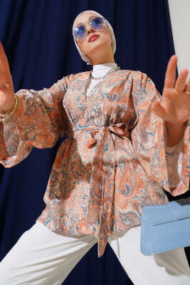 Desenli Kuşaklı Kimono Somon 