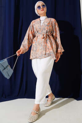 Desenli Kuşaklı Kimono Somon - Dış Giyim&Mont