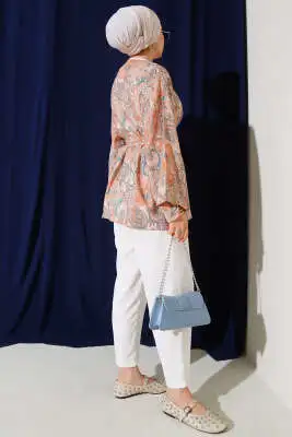 Desenli Kuşaklı Kimono Somon - Dış Giyim&Mont