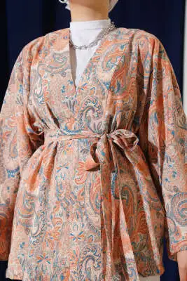Desenli Kuşaklı Kimono Somon - Dış Giyim&Mont