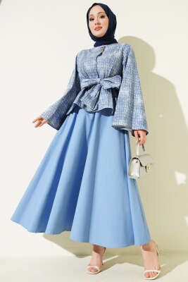 Desenli Kuşaklı Kot Etekli Takım Kot Buz Mavi - HEWES