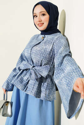 Desenli Kuşaklı Kot Etekli Takım Kot Buz Mavi - İkili Takım