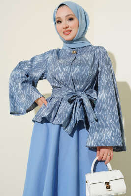 Desenli Kuşaklı Kot Etekli Takım Kot Mavisi - İkili Takım