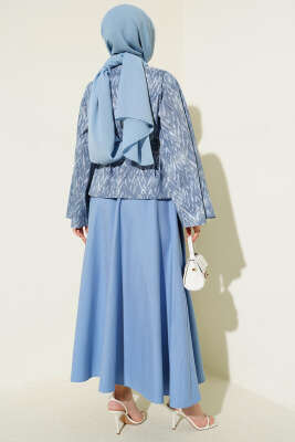 Desenli Kuşaklı Kot Etekli Takım Kot Mavisi - İkili Takım