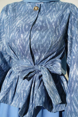 Desenli Kuşaklı Kot Etekli Takım Kot Mavisi - İkili Takım