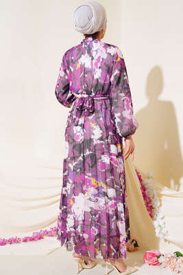 Desenli Kuşaklı Piliseli Şifon Elbise Fuşya - Thumbnail