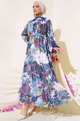 Desenli Kuşaklı Piliseli Şifon Elbise İndigo - Thumbnail