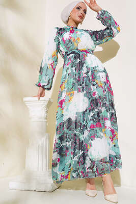 Desenli Kuşaklı Piliseli Şifon Elbise Mint - Thumbnail