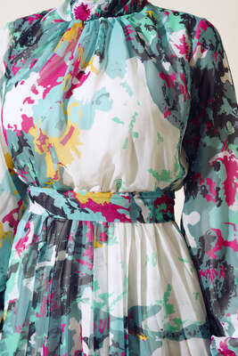 Desenli Kuşaklı Piliseli Şifon Elbise Mint - Thumbnail