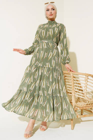 Desenli Kuşaklı Şifon Elbise Haki - Elbise