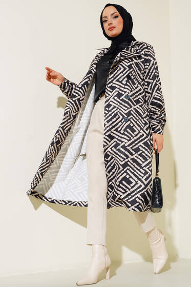 Desenli Kuşaklı Trençkot Siyah - Trençkot