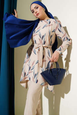 Desenli Kuşaklı Tunik İkili Takım Mavi - 500-700 TL Ürünler