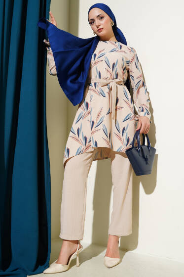 Desenli Kuşaklı Tunik İkili Takım Mavi - İkili Takım