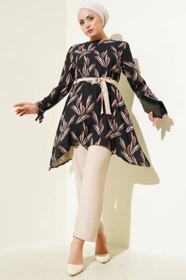 Desenli Kuşaklı Tunik İkili Takım Siyah - İkili Takım