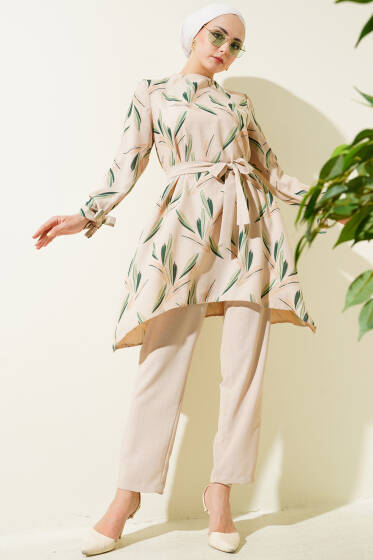 Desenli Kuşaklı Tunik İkili Takım Yeşil - İkili Takım