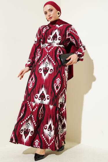 Desenli Kuşaklı Volanlı Elbise Bordo - Elbise