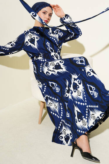Desenli Kuşaklı Volanlı Elbise Lacivert - Elbise