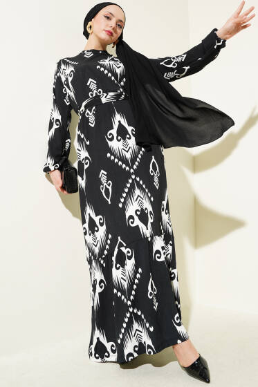Desenli Kuşaklı Volanlı Elbise Siyah - Elbise
