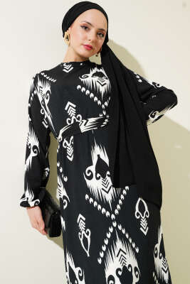 Desenli Kuşaklı Volanlı Elbise Siyah - Tesettür Elbise