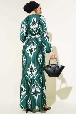 Desenli Kuşaklı Volanlı Elbise Zümrüt - Tesettür Elbise