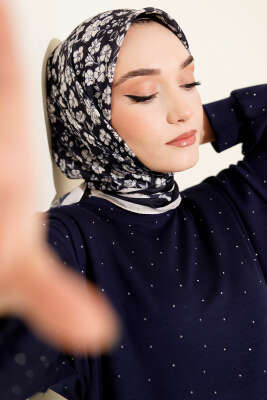 Desenli Lacivert Serisi Eşarp Asorti 10 - ASSE BONE