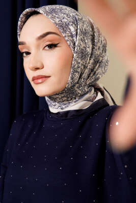 Desenli Lacivert Serisi Eşarp Asorti 2 - ASSE BONE