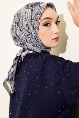 Desenli Lacivert Serisi Eşarp Asorti 6 - ASSE BONE