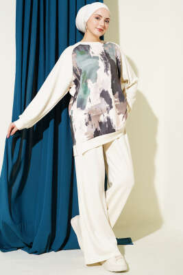 Desenli Loyşa Tunik İkili Takım Bej 