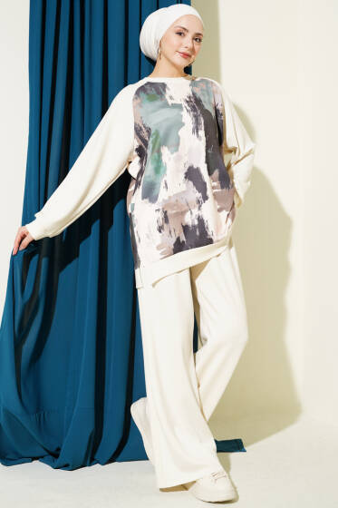 Desenli Loyşa Tunik İkili Takım Bej - İkili Takım