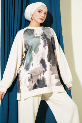 Desenli Loyşa Tunik İkili Takım Bej - İkili Takım