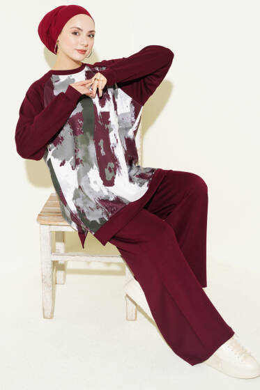 Desenli Loyşa Tunik İkili Takım Bordo - İkili Takım