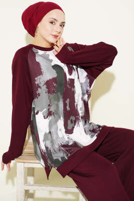Desenli Loyşa Tunik İkili Takım Bordo - İkili Takım