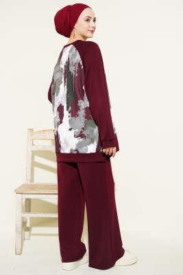 Desenli Loyşa Tunik İkili Takım Bordo - İkili Takım