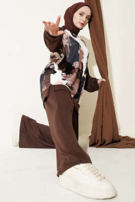 Desenli Loyşa Tunik İkili Takım Kahve - ASMİN