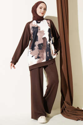 Desenli Loyşa Tunik İkili Takım Kahve - ASMİN