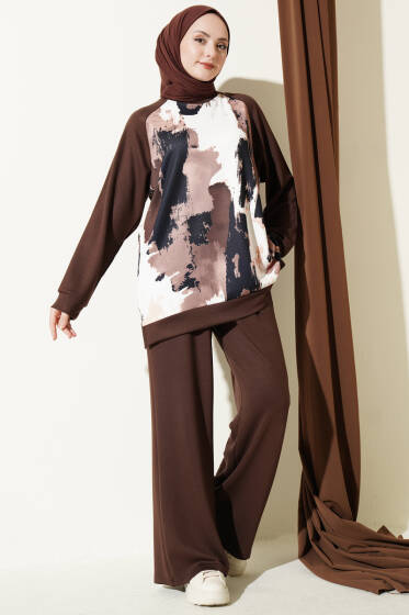 Desenli Loyşa Tunik İkili Takım Kahve - İkili Takım