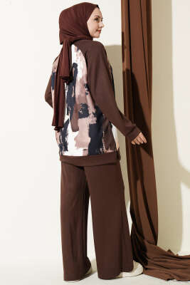 Desenli Loyşa Tunik İkili Takım Kahve - İkili Takım