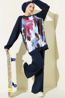 Desenli Loyşa Tunik İkili Takım Lacivert - ASMİN