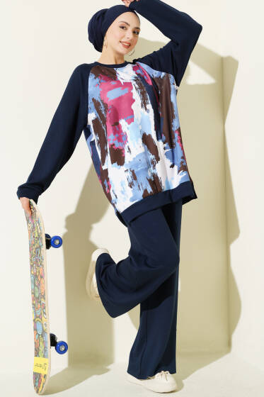 Desenli Loyşa Tunik İkili Takım Lacivert - İkili Takım