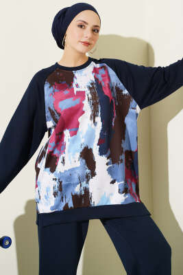 Desenli Loyşa Tunik İkili Takım Lacivert - İkili Takım