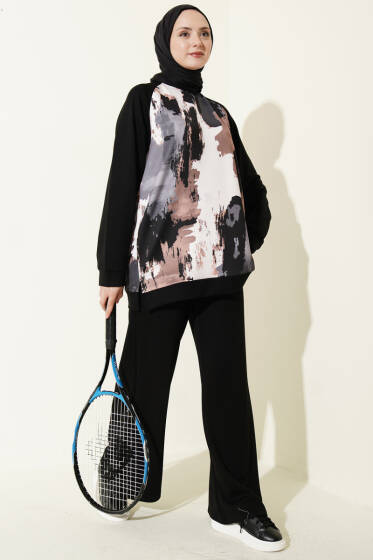 Desenli Loyşa Tunik İkili Takım Siyah - İkili Takım