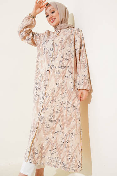 Desenli Metal Düğmeli Uzun Gömlek Latte - Gömlek