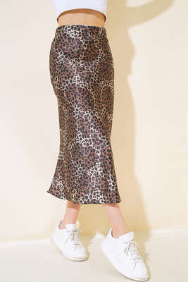 Desenli Midi Saten Etek Leopar 