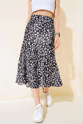 Desenli Midi Saten Etek Siyah Desenli 