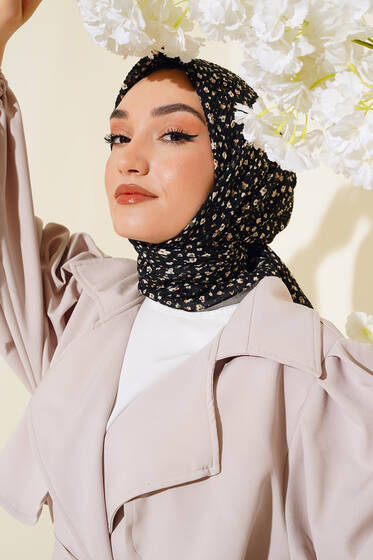 Desenli Mio Eşarp Siyah Bej - Desenli Eşarp