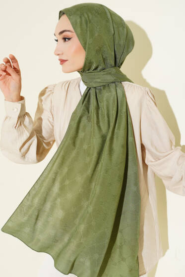 Desenli Monogram Şal Çağla Yeşili - Başörtüsü