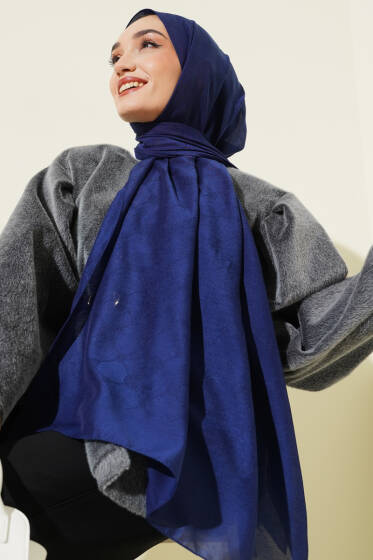 Desenli Monogram Şal Lacivert - Başörtüsü