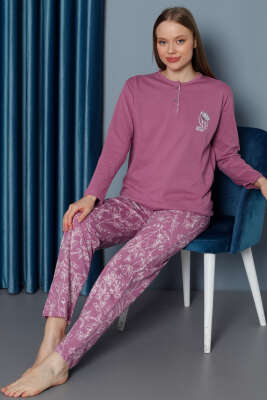 Desenli Nakışlı Pijama Takımı Menekşe - Pijama & Gecelik